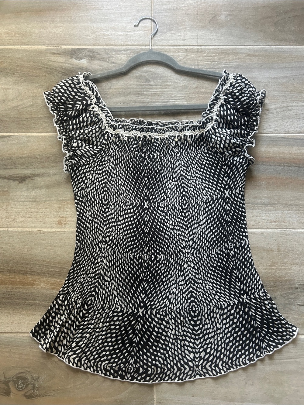 dress barn Black & White Patterned Ruffle Smocked Camisole Top